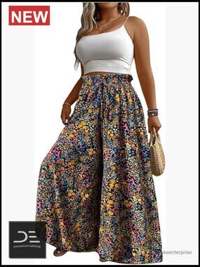 Plus Size Flowy Palazzo Pants Floral Baggy Wide Leg Boho Lounge Pants